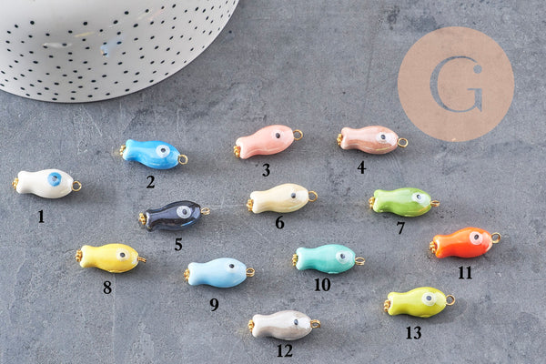 Pendentif poisson porcelaine multicolore Acier 304 inoxydable doré 25mm, x1 (G9816)