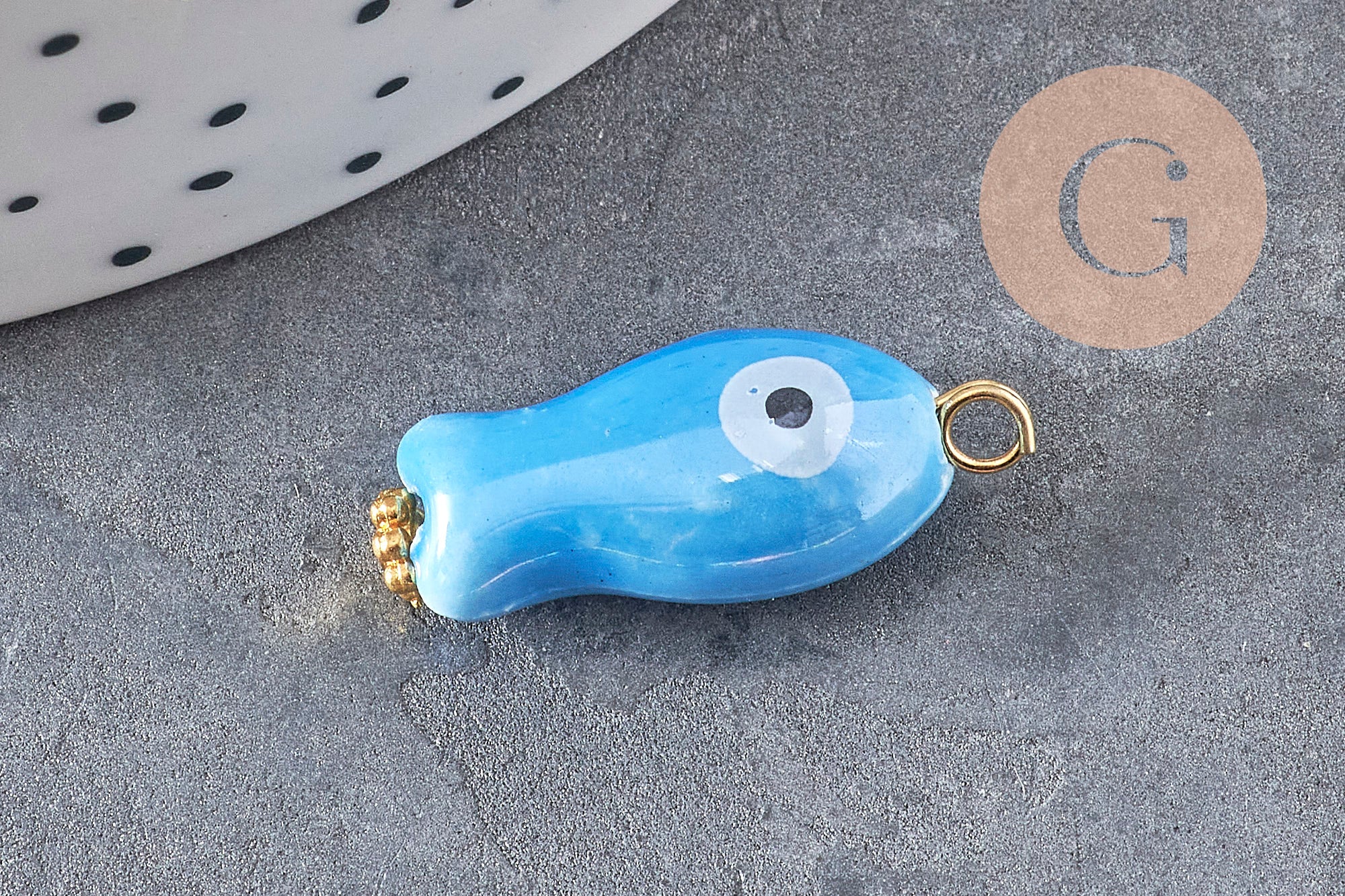 Pendentif poisson porcelaine multicolore Acier 304 inoxydable doré 25mm, x1 (G9816)