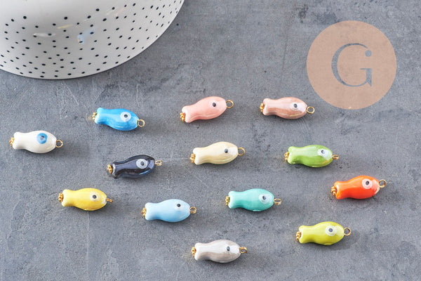 Pendentif poisson porcelaine multicolore Acier 304 inoxydable doré 25mm, x1 (G9816)