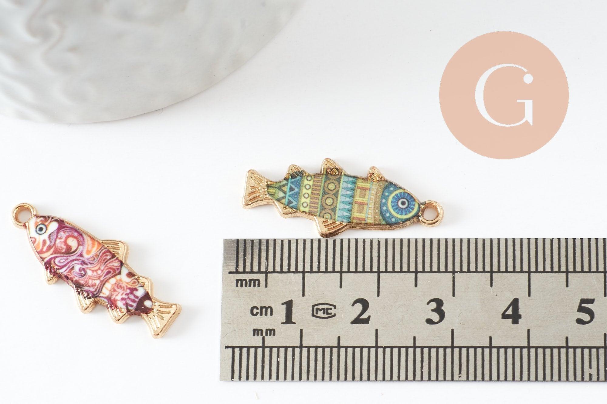 Pendentif poisson zamac doré multicolore 27mm, x5 (G9936)