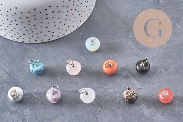 Apple pendant, natural stone, stainless steel, platinum finish, 14-15mm, x1 (G7109)