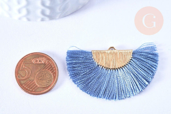 Pendentif pompon éventail fil bleu or,pendentif en laiton doré et fil,47mm, x2 (G5494)