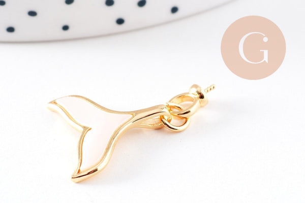 Pendentif queue de poisson acrylique blanc nacré laiton doré 18K 21mm, x1 (G10085)