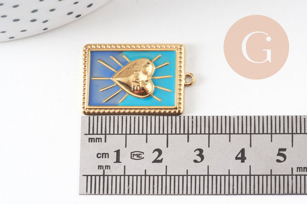 Pendentif rectangle coeur émaillé bleu acier 304 inoxydable doré IP 28mm, x1 (G10801)