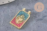 Pendentif rectangle émaillé coeur sacré laiton doré 26.5mm, x1 (G10944)