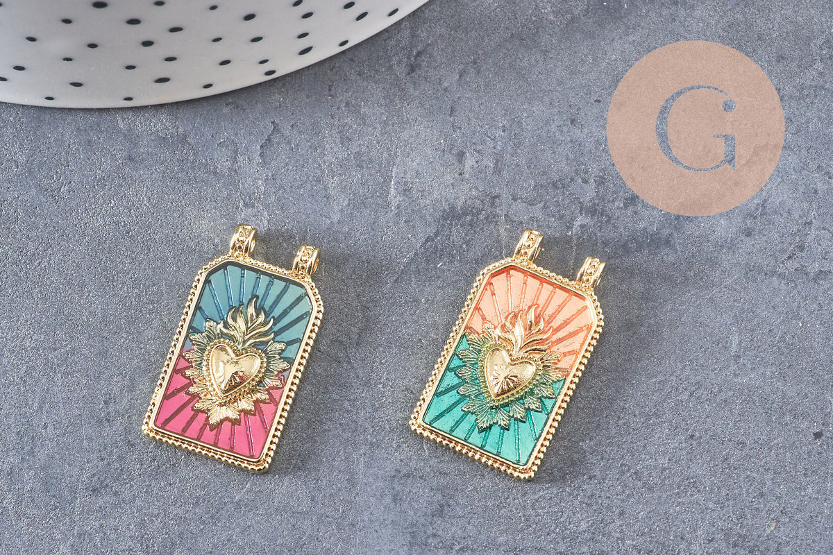 Pendentif rectangle émaillé coeur sacré laiton doré 26.5mm, x1 (G10944)