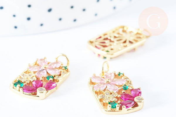 Pendentif rectangle fleurs laiton doré 16k cristal 21.5mm,sans nickel,cadeau anniversaire,pendentif animal, Pendentif zircon, x1 (G6676)