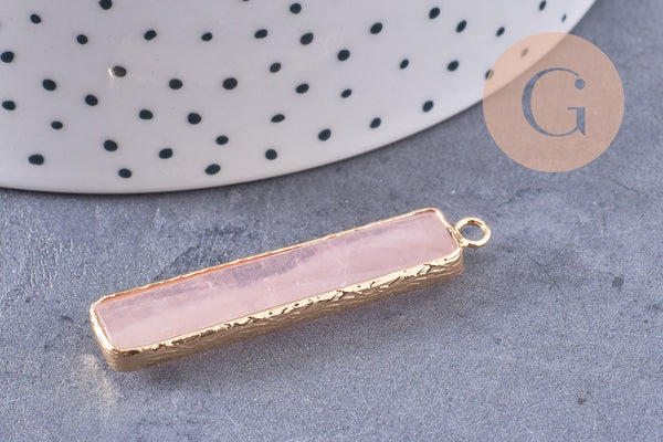 Pendentif rectangle quartz rose facettes laiton doré 46.5mm, x1 (G0498)