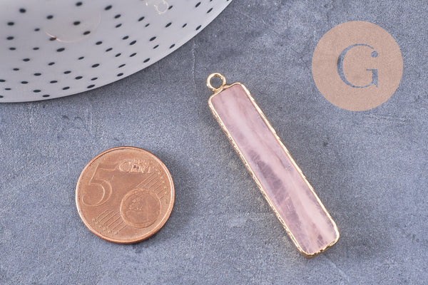 Pendentif rectangle quartz rose facettes laiton doré 46.5mm, x1 (G0498)