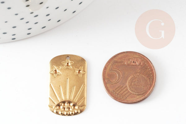 Pendentif rectangle soleil étoile laiton brut 25mm, x2 (G9706)