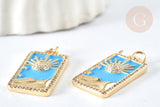 Pendentif rectangle soleil laiton doré émail bleu ciel zircons 27mm, x1 G7568