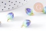 Pendentif résine fleur séchée bleue 33mm, pendentif fleur de rose et or, x1 (G5698)
