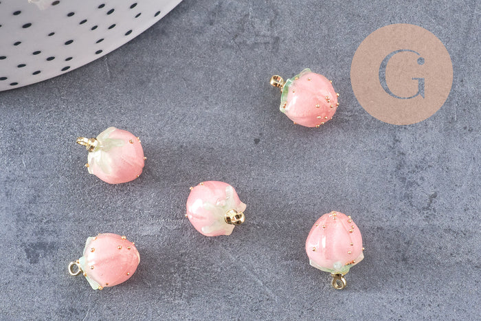 Pendentif résine fleur séchée rose rose 33mm, pendentif fleur de rose et or, création de bijoux originaux, x1 (G5697)