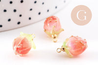 Pendentif résine fleur séchée rose rouge 33mm, pendentif fleur de rose et or, x1 (G6726)