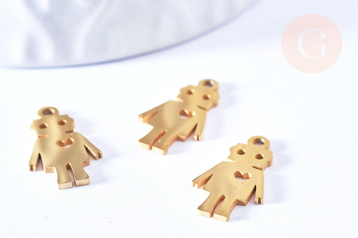 Pendentif robot en acier doré inoxydable 17.5mm, breloque doré, acier inoxydable doré, pendentif sans nickel, création bijoux, x1 (G6795)
