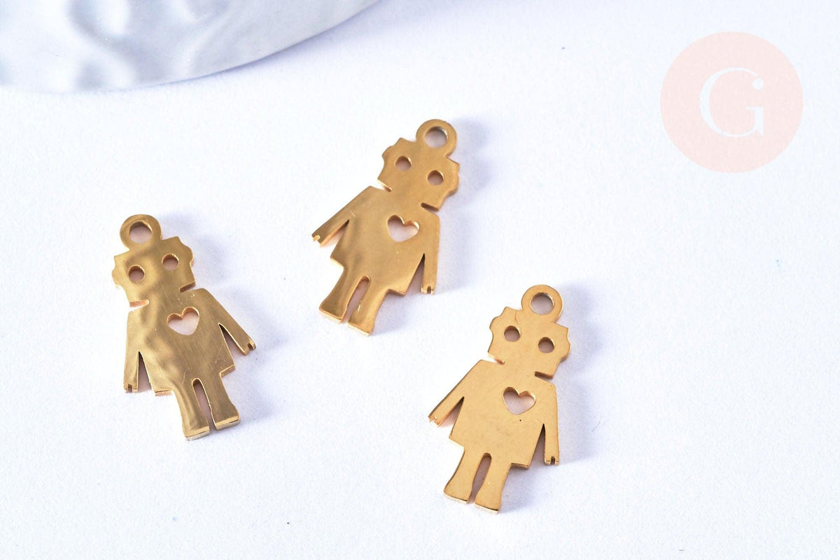Pendentif robot en acier doré inoxydable 17.5mm, breloque doré, acier inoxydable doré, pendentif sans nickel, création bijoux, x1 (G6795)
