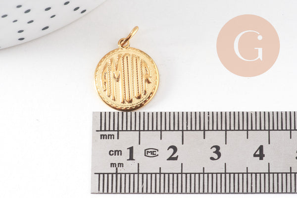 Pendentif rond Amour acier inoxydable 304 doré 18mm, x1 (G10798)