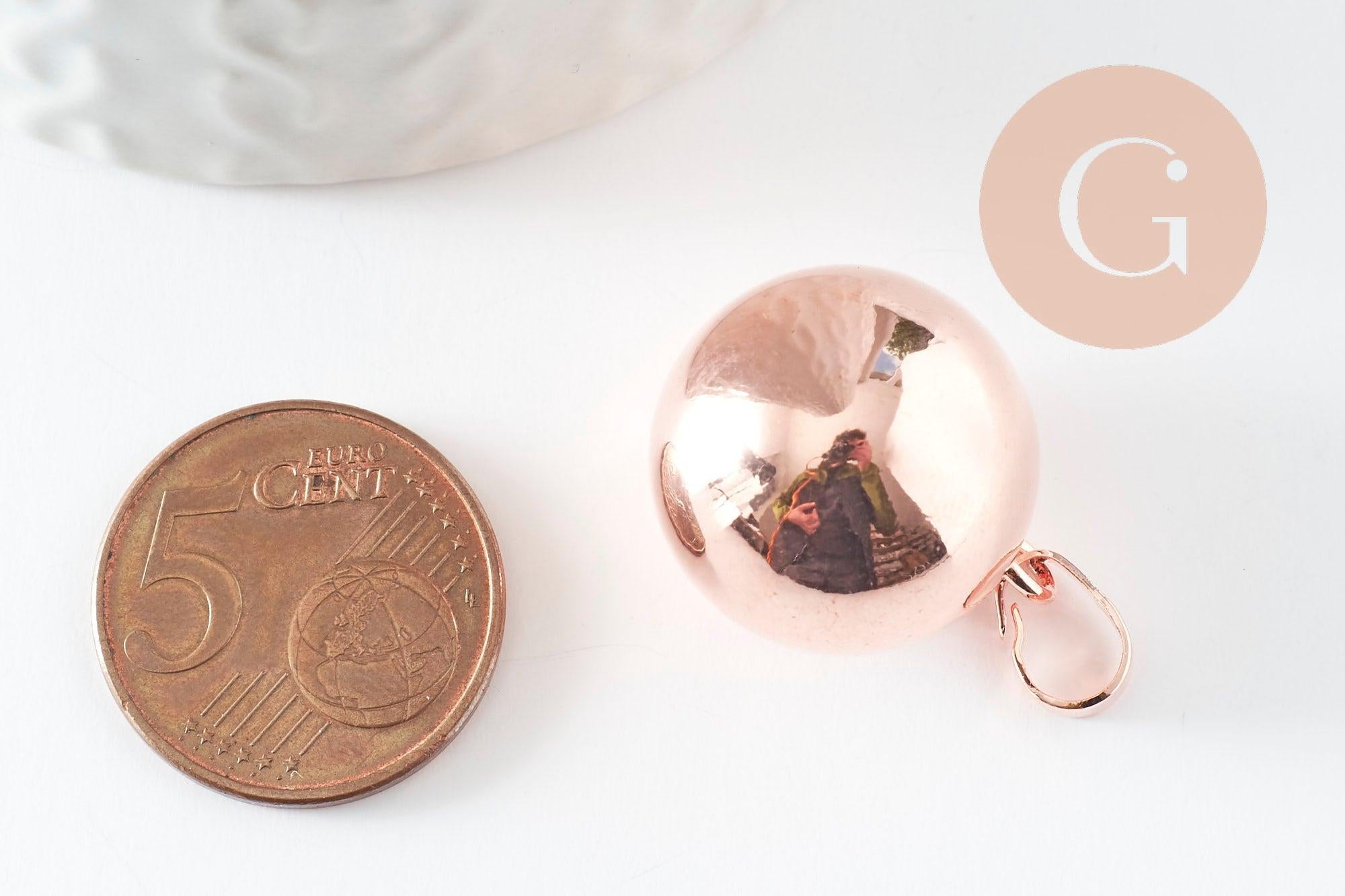 Pendentif rond Bola harmonie carillon laiton or rose 24mm, création bijoux grossesse, x1 (G9457)