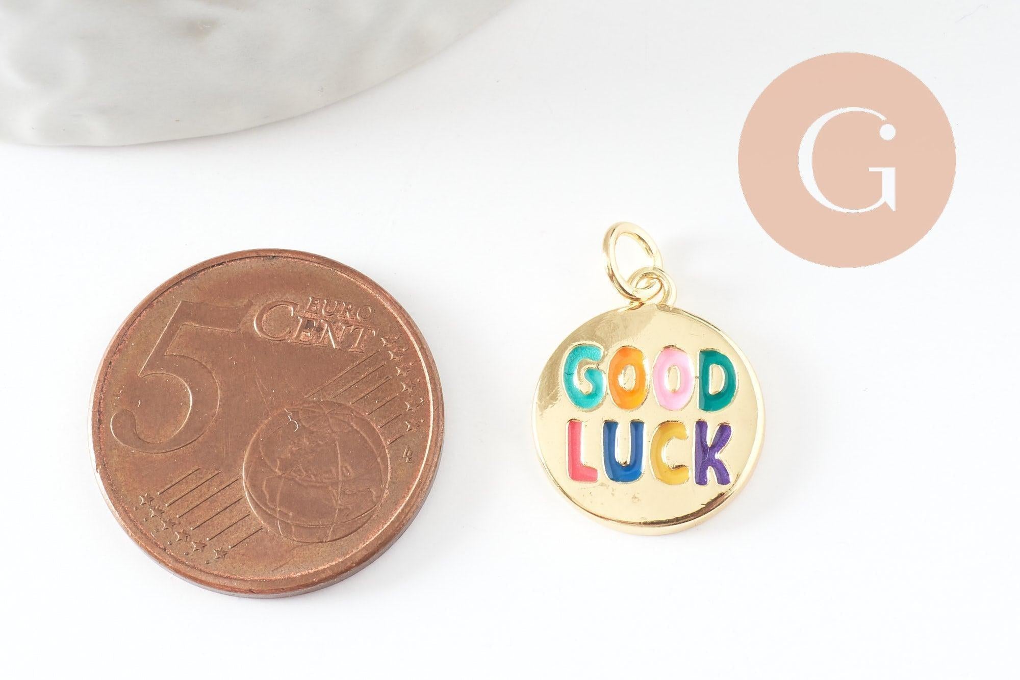 Pendentif rond Good Luck laiton doré 18k multicolore 16mm,x1 (G9934)
