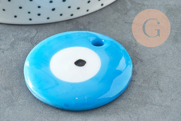 Pendentif rond Mauvais Oeil verre bleu ciel 50mm, x1 (G9444)