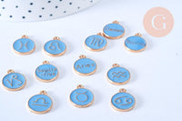 Pendentif rond constellation zamac doré zircon émail bleu clair 15mm, x1 (G6665)