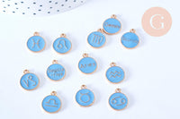 Pendentif rond constellation zamac doré zircon émail bleu clair 15mm, x1 (G6665)