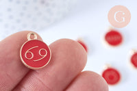 Pendentif rond constellation zamac doré zircon émail rouge 15mm, x1 (G6664)