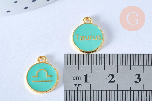 Pendentif rond constellation zamac doré zircon émail vert 15mm, x1 (G6663)