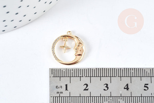 Pendentif rond croissant lune laiton doré zircons blancs 18.5mm, x1 (G8434)