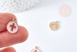 Pendentif rond croix zamac doré émail rose 15mm,pendentif doré pour création de bijoux, x5 (G8417)