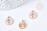 Pendentif rond croix zamac doré émail rose 15mm,pendentif doré pour création de bijoux, x5 (G8417)