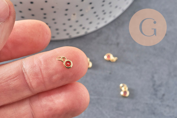 Pendentif rond doré 24 carats zircon rouge, pendentif doré cristal, création bijoux,6.5mm, x5 (G4676)