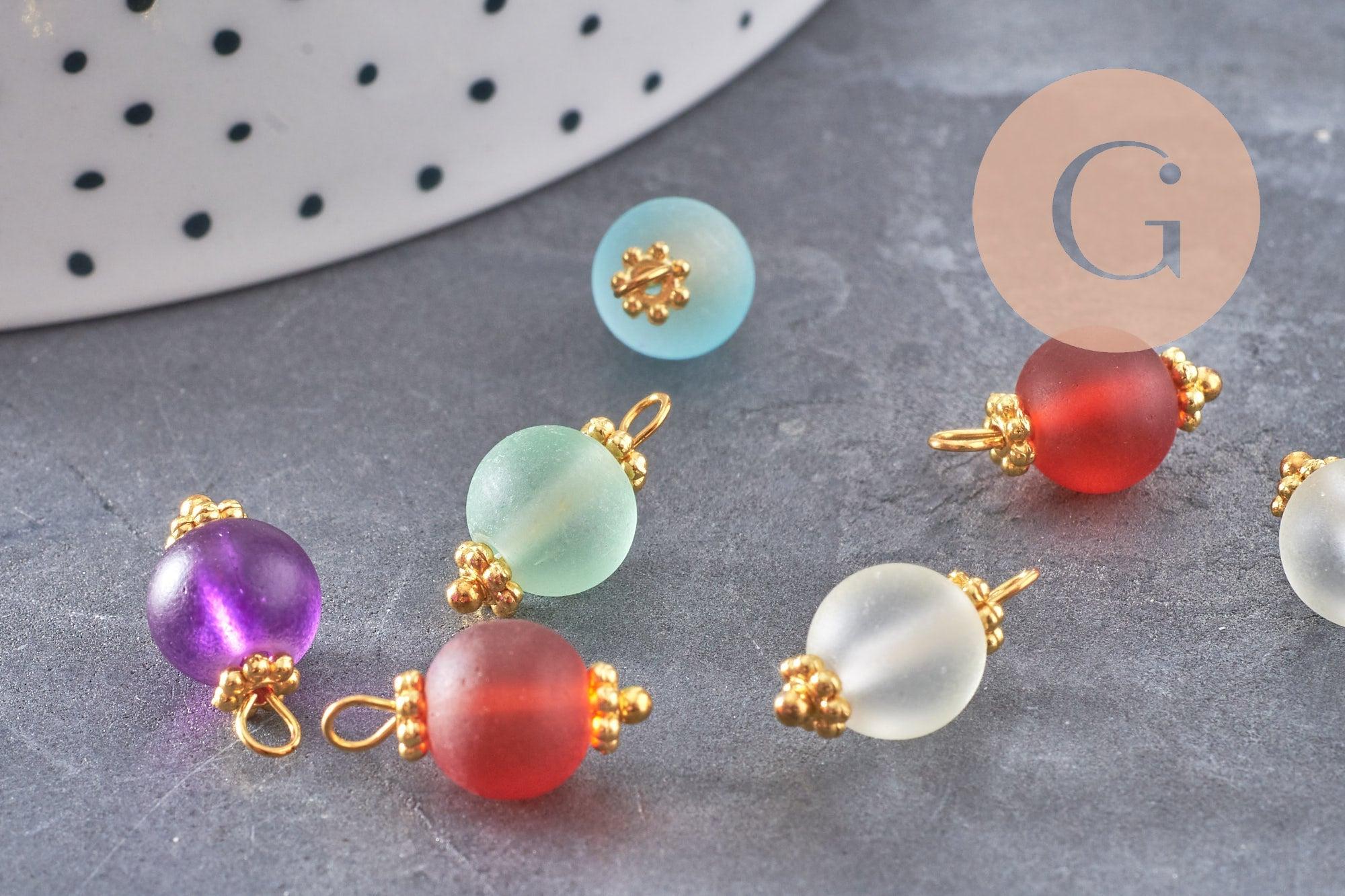 Pendentif rond doré carats verre sablé multicolore, pendentif doré cristal, création bijoux,14mm, X10 (G4185)