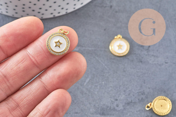 Pendentif rond doré étoile résine blanche, un Pendentif pour femme en métal doré pour la création de bijoux,16mm,x1 (G3158)