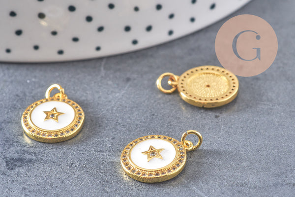 Pendentif rond doré étoile résine blanche, un Pendentif pour femme en métal doré pour la création de bijoux,16mm,x1 (G3158)