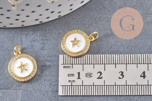 Pendentif rond doré étoile résine blanche, un Pendentif pour femme en métal doré pour la création de bijoux,16mm,x1 (G3158)