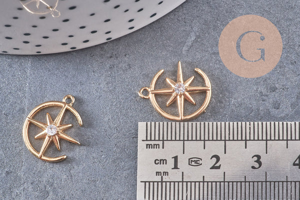 Pendentif rond étoile du nord laiton doré 18K zircon 18mm, un pendentif doré avec cristaux pour création bijoux, x1 G5514