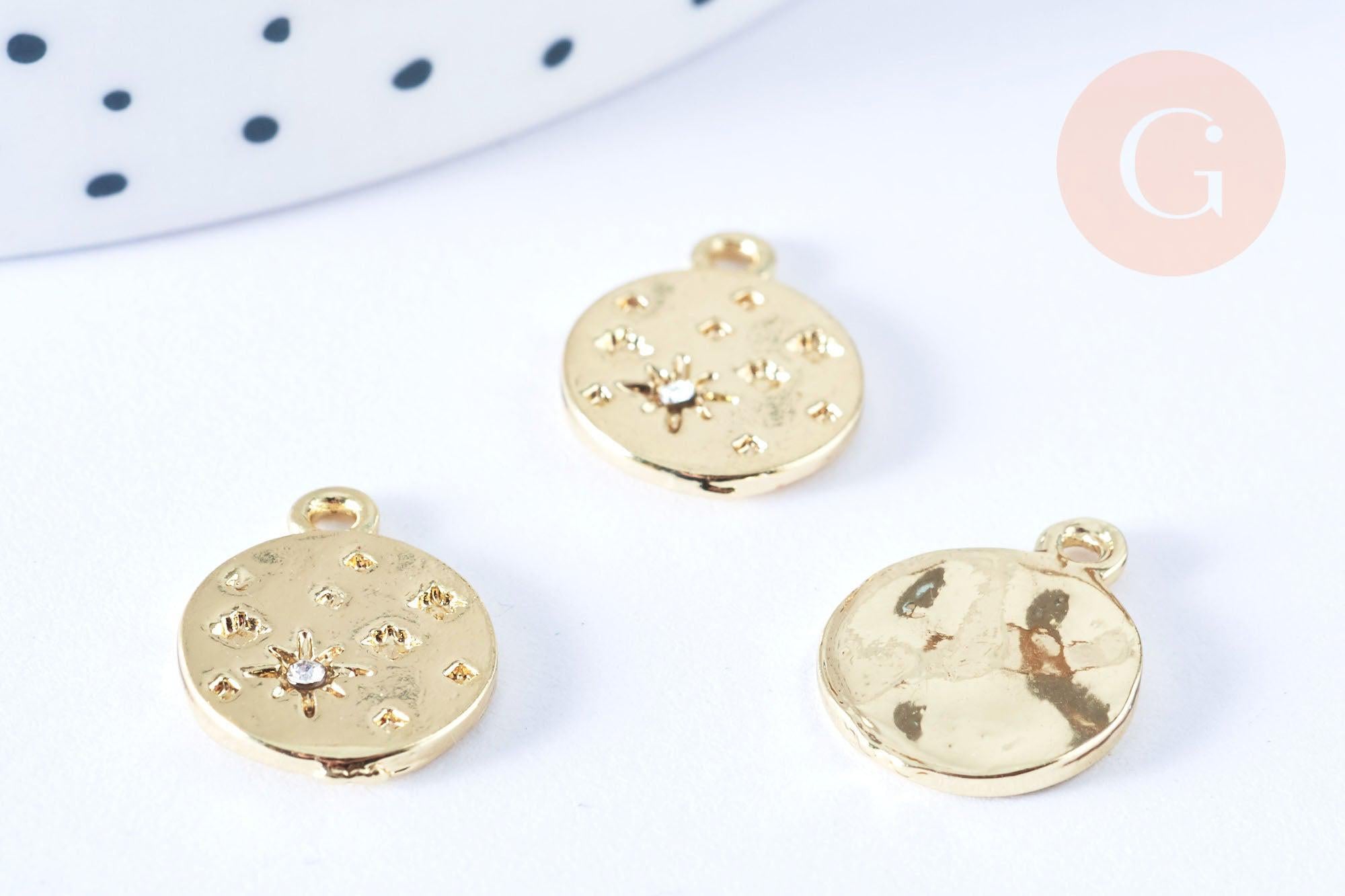 Pendentif rond étoile strass cristal blanc laiton doré 15mm,sans nickel pendentif chance,15mm, x1 (G7114)