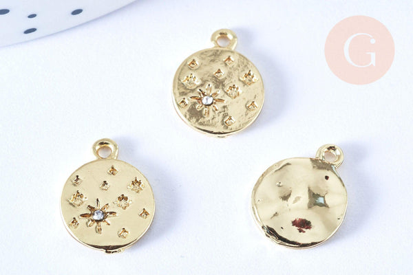 Pendentif rond étoile strass cristal blanc laiton doré 15mm,sans nickel pendentif chance,15mm, x1 (G7114)