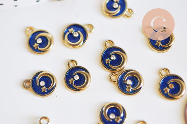 Pendentif rond étoiles de lune émaillé bleu zamac or zircon 13mm, x1 (G5917)