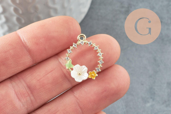 Pendentif rond fleurs zamac doré, un pendentif doré féminin et fleuri 22-23mm, x5 (G3265)