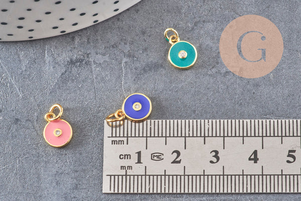 Pendentif rond laiton doré 18K émaillé et zircon 10mm, x1 (G3474)