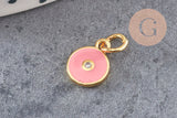 Pendentif rond laiton doré 18K émaillé et zircon 10mm, x1 (G3474)