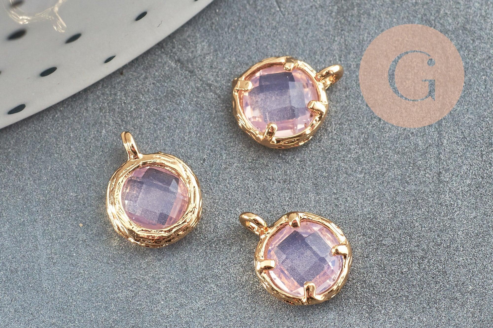 Pendentif rond laiton doré 24 carats cristal rose 10mm, x1 (G2183)