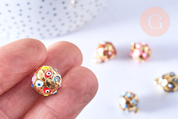 Pendentif rond laiton doré émaillé motif mauvais œil 15mm, créations de bijoux dorés, x1 G6887