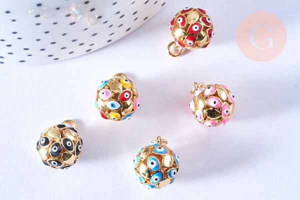 Pendentif rond laiton doré émaillé motif mauvais œil 15mm, créations de bijoux dorés, x1 G6887