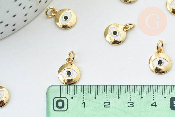 Pendentif rond laiton doré oeil protecteur émail blanc 12.5mm, Pendentif en métal doré pour la création de bijoux, x1 G5681
