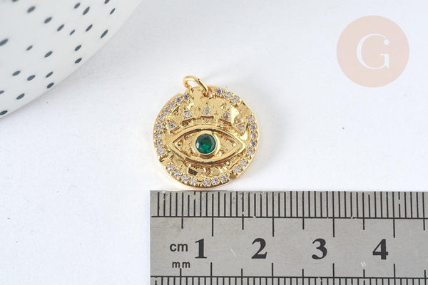 Pendentif rond laiton doré oeil protecteur zircons blanc et vert 18mm, x1 G7373