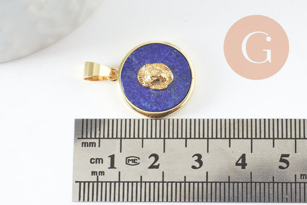 Pendentif rond lapis amazonite quartz rose, un pendentif pour la creation de bijoux pierre naturelle,21.5mm, x1 (G3159)