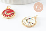 Pendentif lune émail zircon coloré laiton doré 18K 16.5mm, x1 (G3376)